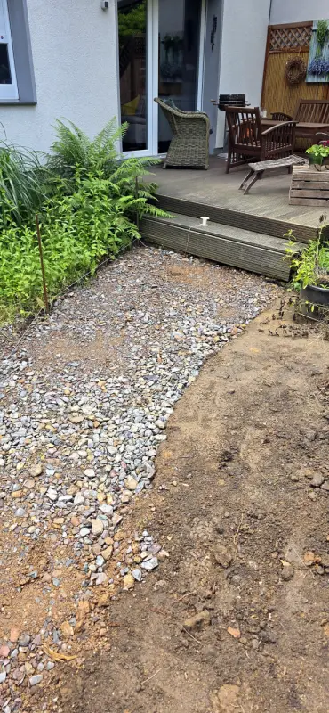 Ausgangslage: Schotterweg vom Haus in den Garten
