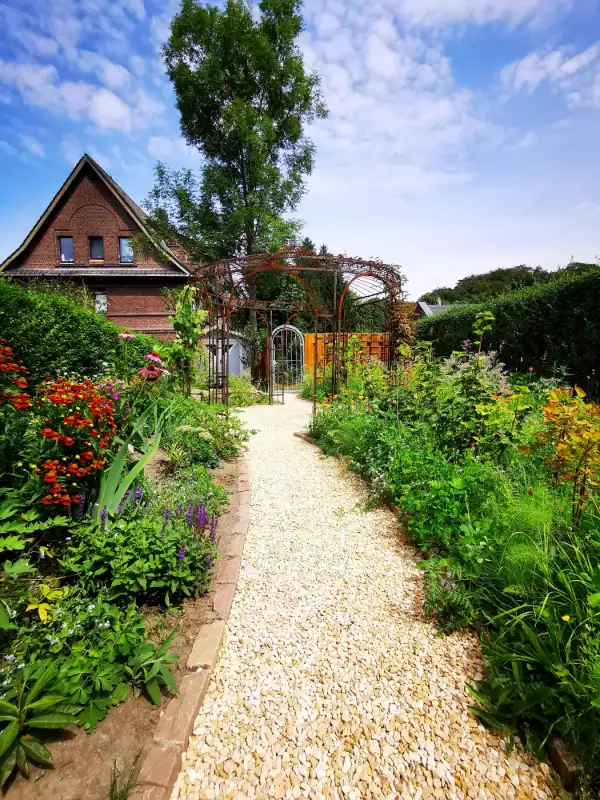Kiesweg zwischen blühenden Beeten im August