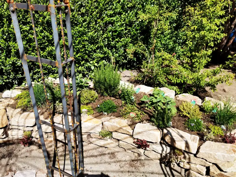 Beet mit Trockenmauer aus Naturstein und Rankgitter